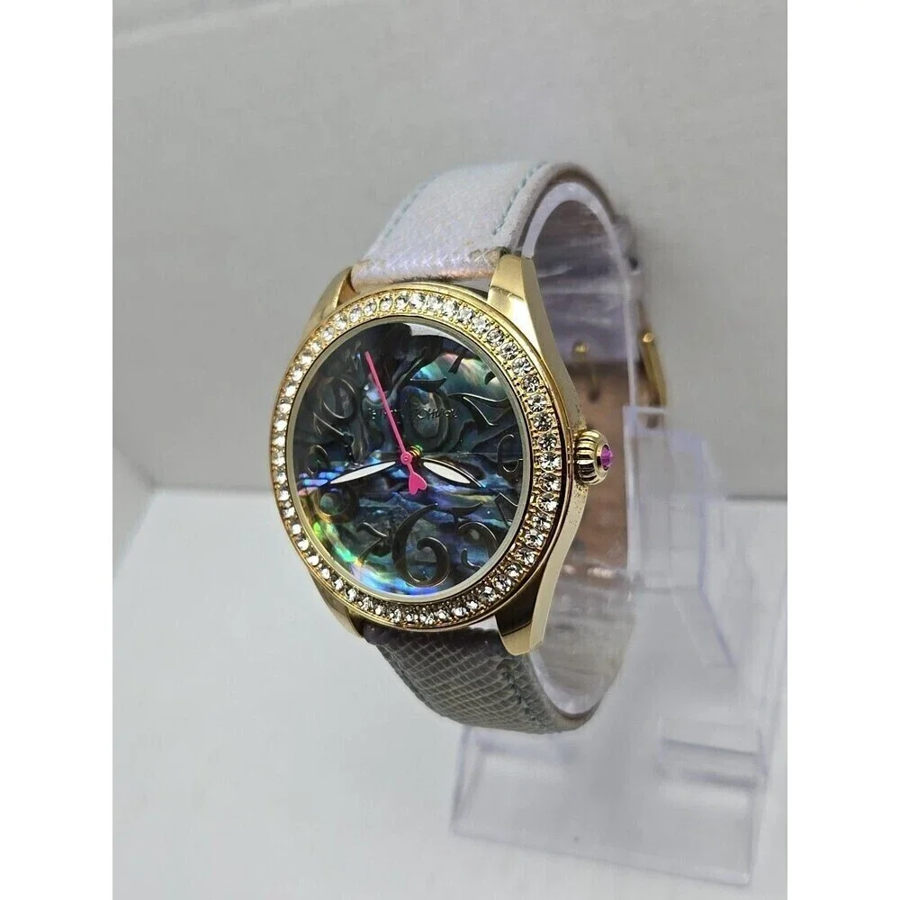 Betsey Johnson Abalone Dial Crystals Iridescent Purple Womens Watch New Battery